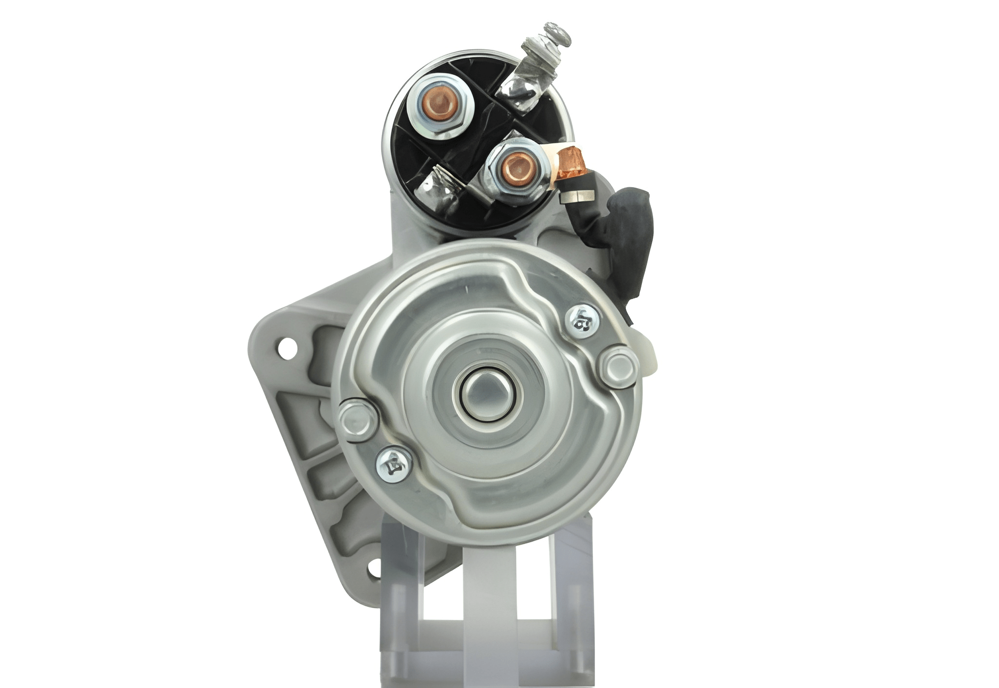 back view of A 12V Mitsubishi 2.0 kw starter, showing a metallic body with electrical terminals and mounting points.