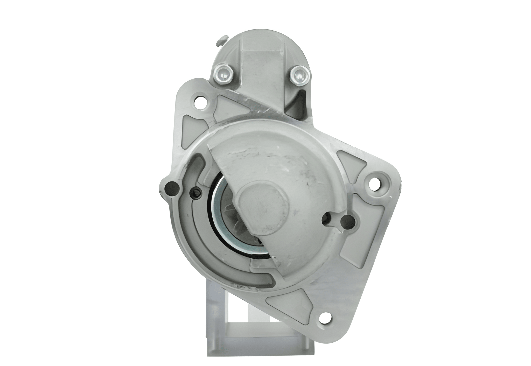 front view of A 12V Mitsubishi 2.0 kw starter, showing a metallic body with electrical terminals and mounting points.