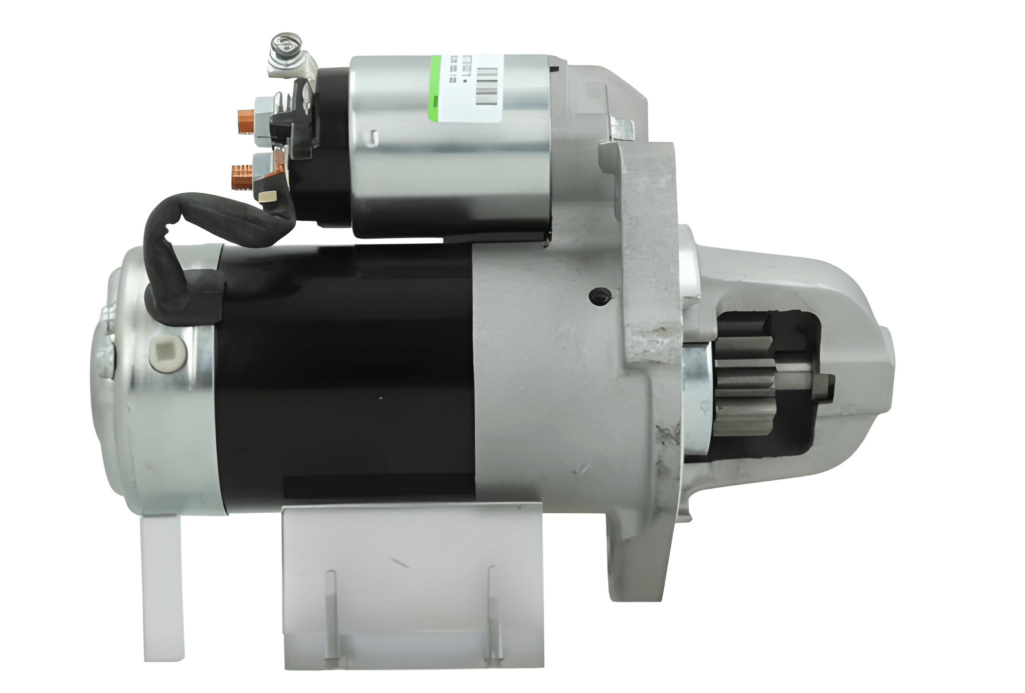 side view of A 12V Mitsubishi 2.0 kw starter, showing a metallic body with electrical terminals and mounting points.