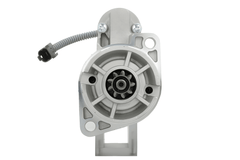 front view of A new 12v Nissan starter motor with 1.0 kw power and 9 teeth displayed on a white background.