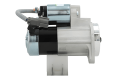 side view of A new 12v Nissan starter motor with 1.0 kw power and 9 teeth displayed on a white background.