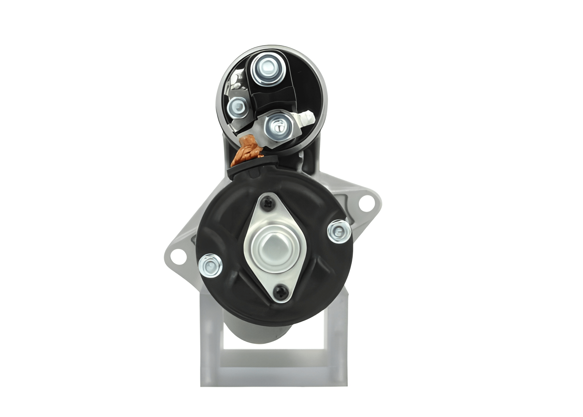 rear view of A new 12V starter motor 1.1KW for Opel/vauxhall and chevrolet vehicles, with a metallic body and a black cover.