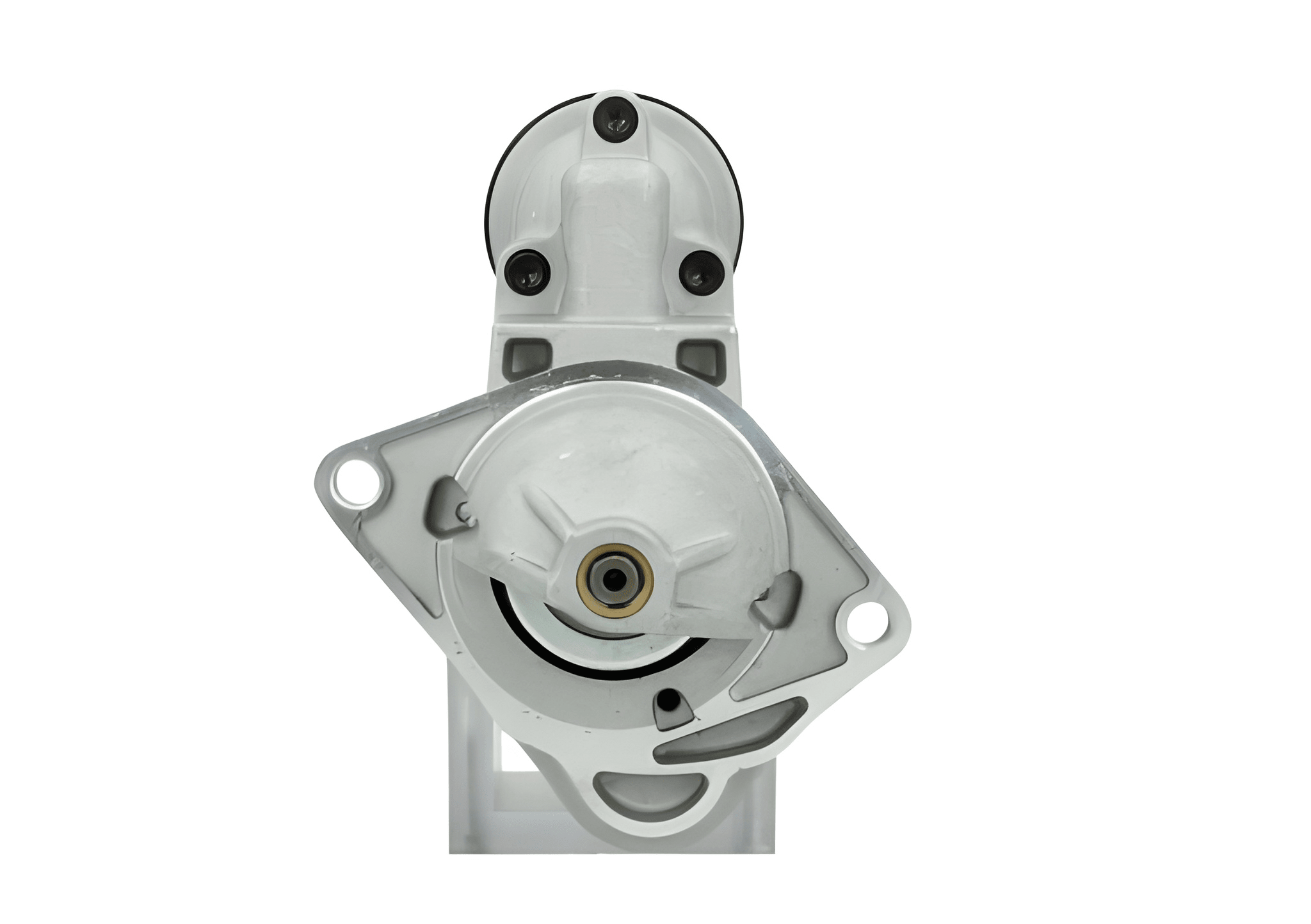 front of A new 12V starter motor 1.1KW for Opel/vauxhall and chevrolet vehicles, with a metallic body and a black cover.
