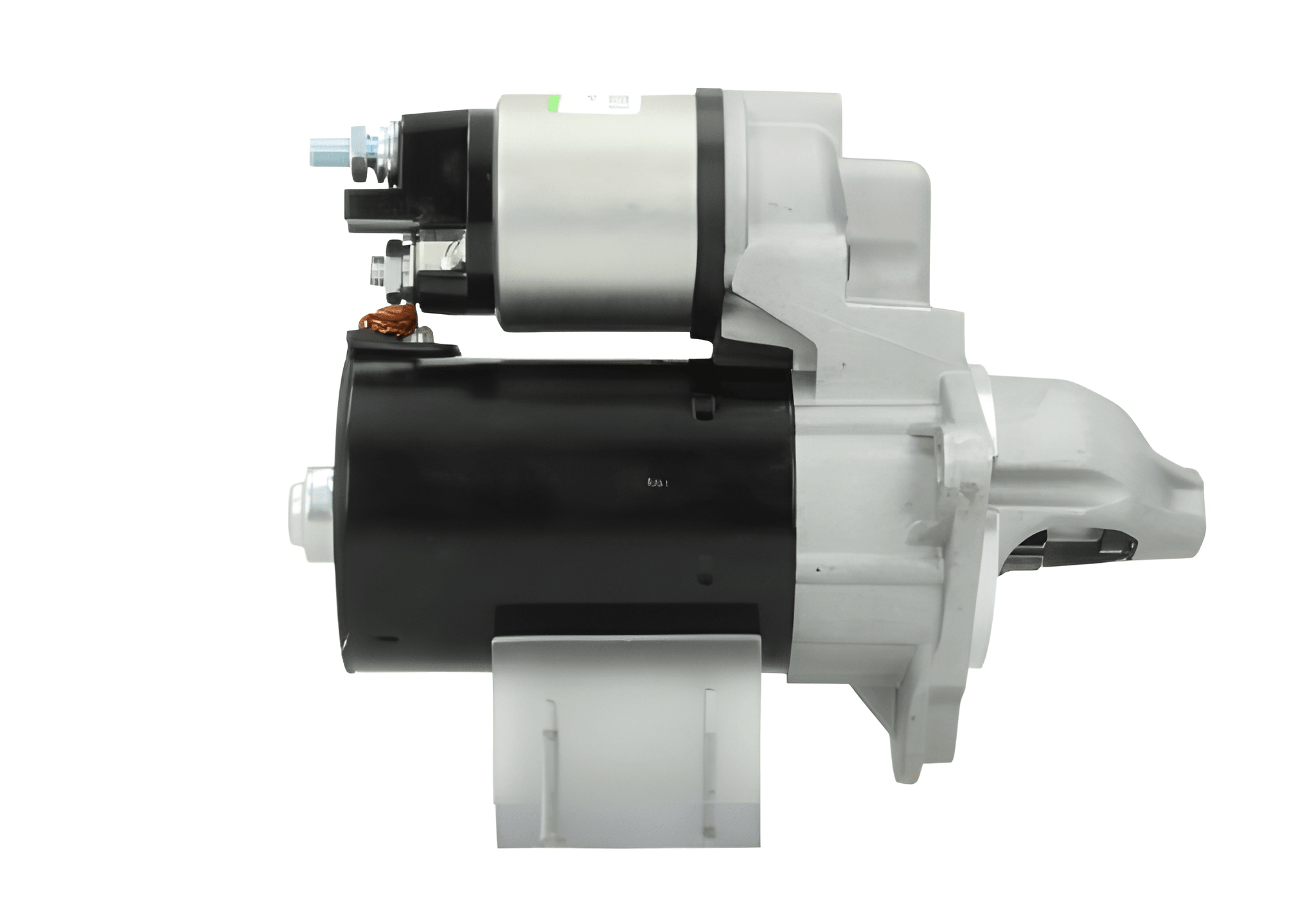 side view of A new 12V starter motor 1.1KW for Opel/vauxhall and chevrolet vehicles, with a metallic body and a black cover.