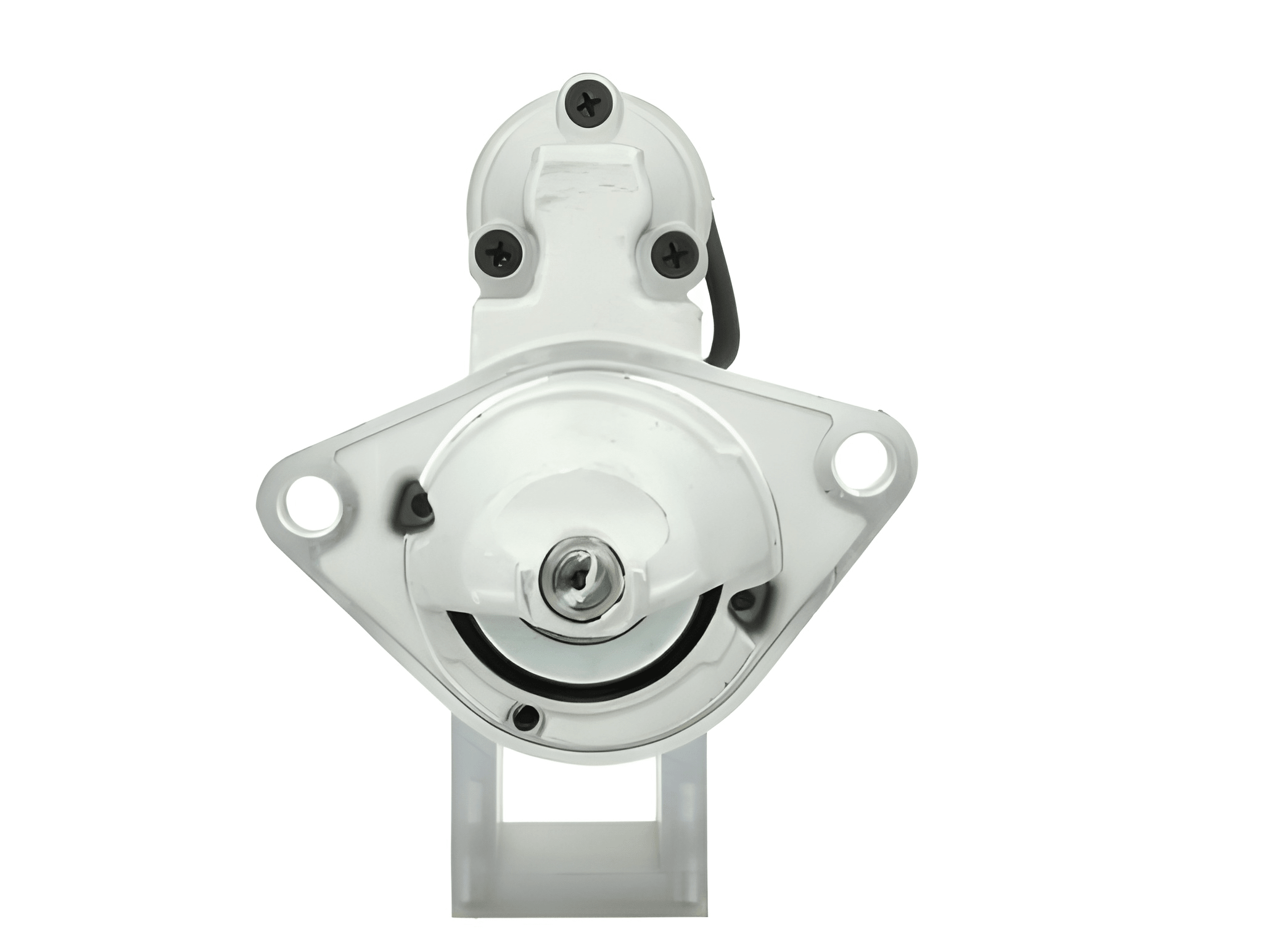 front view of A new 12V aftermarket 2KW starter motor designed for a Perkins engine, featuring a silver and black color.
