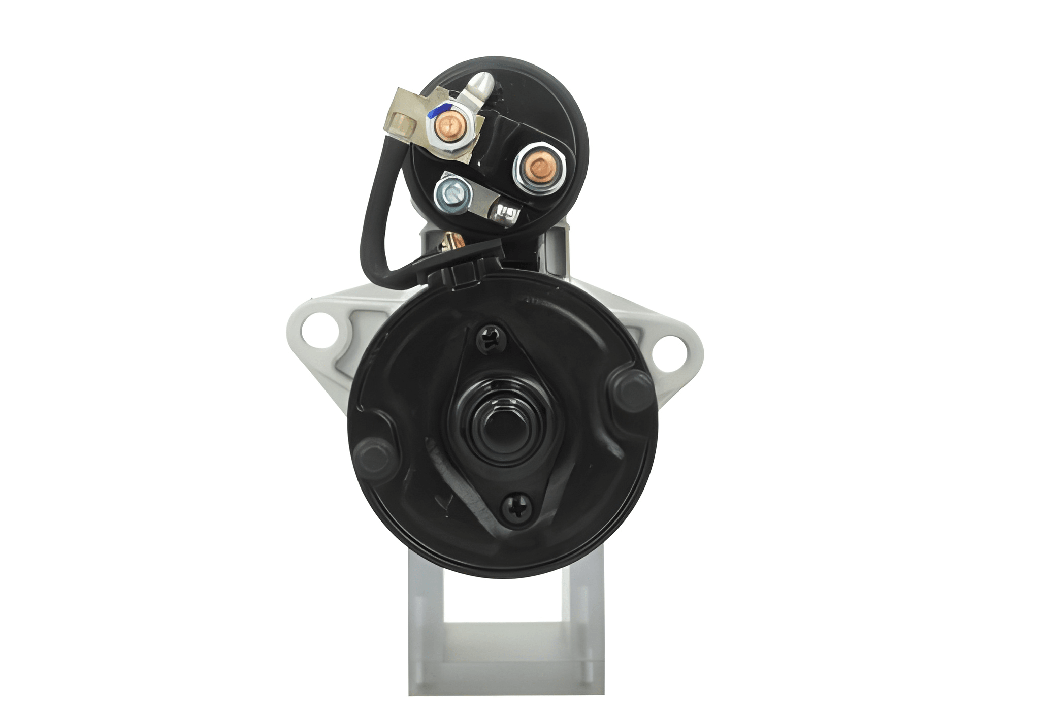 rear view of A new 12V aftermarket 2KW starter motor designed for a Perkins engine, featuring a silver and black color.