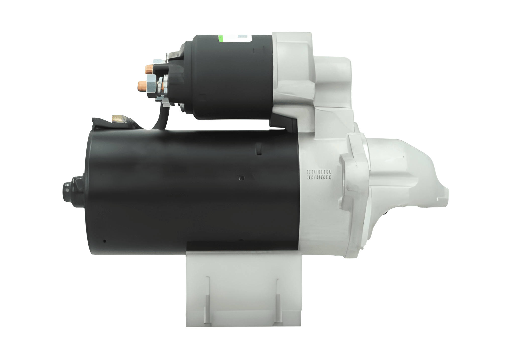 side view of A new 12V aftermarket 2KW starter motor designed for a Perkins engine, featuring a silver and black color.