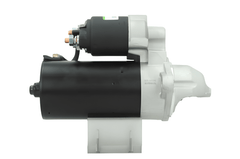 side view of A new 12V aftermarket 2KW starter motor designed for a Perkins engine, featuring a silver and black color.