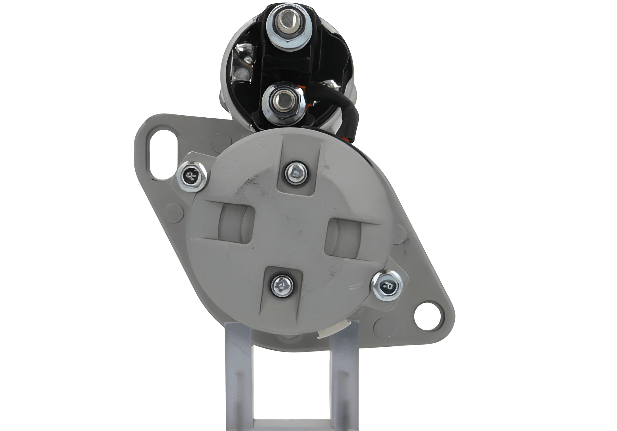 back view of A new 12V 9 teeth 1.1KW starter motor for vehicles, predominantly metal with a gray finish, including mounting brackets and electrical terminals.