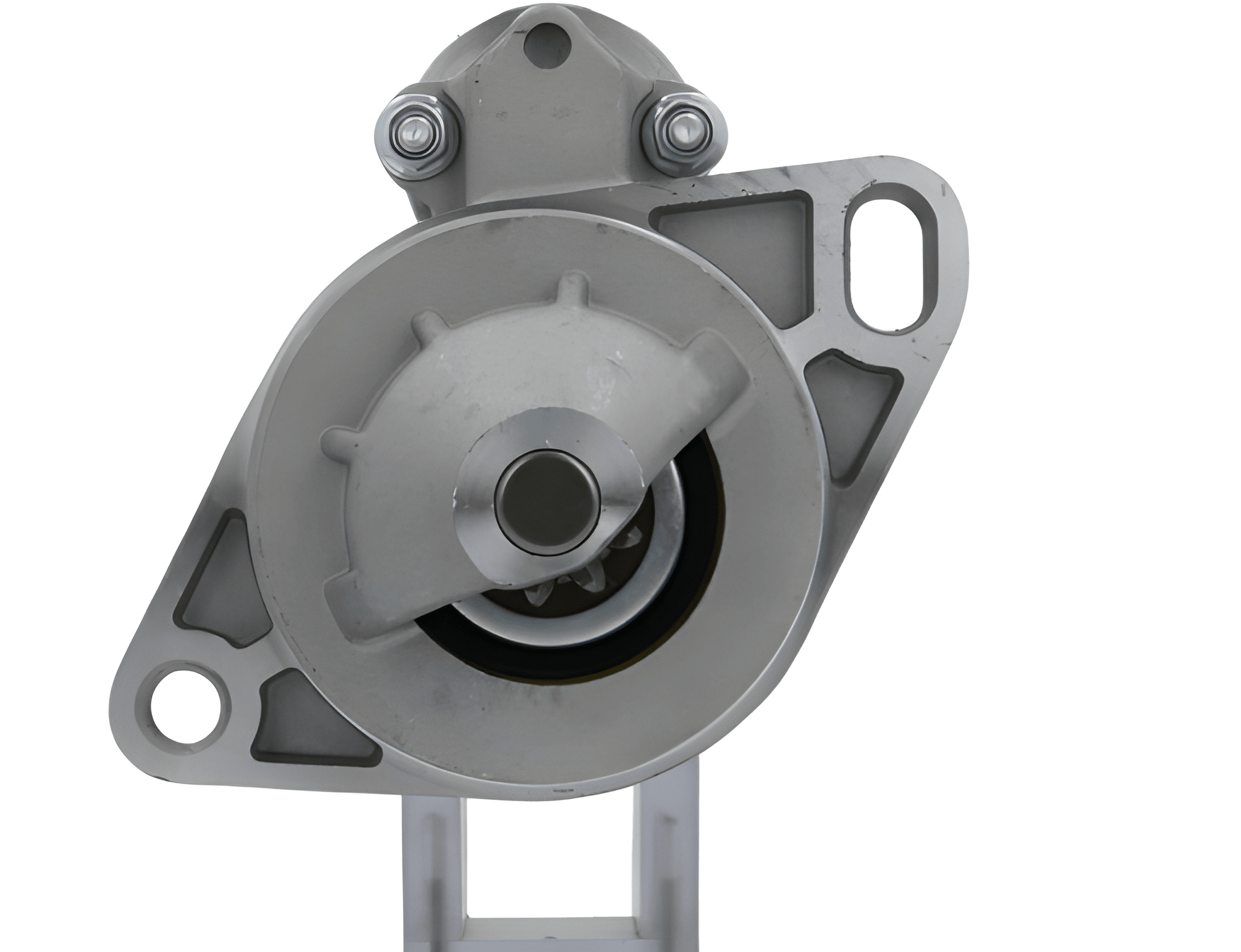 front view of A new 12V 9 teeth 1.1KW starter motor for vehicles, predominantly metal with a gray finish, including mounting brackets and electrical terminals.