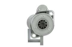 front view of A new 12V Yanmar starter motor with a 2.3 kw power rating, 9 teeth, featuring metal construction with a gray and silver color scheme, including mounting brackets and electrical connectors.