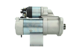 side view of A new 12V Deutz-Fahr Khd 3.2 kw starter with 9 teeth and visible mounting points, wiring, and a metallic body.