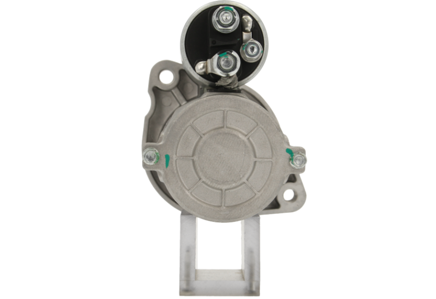 back view of A new 12v starter motor for multiple Ford vehicles with a power of 1.2KW and 11 teeth, with a metallic body and a black and silver color scheme.