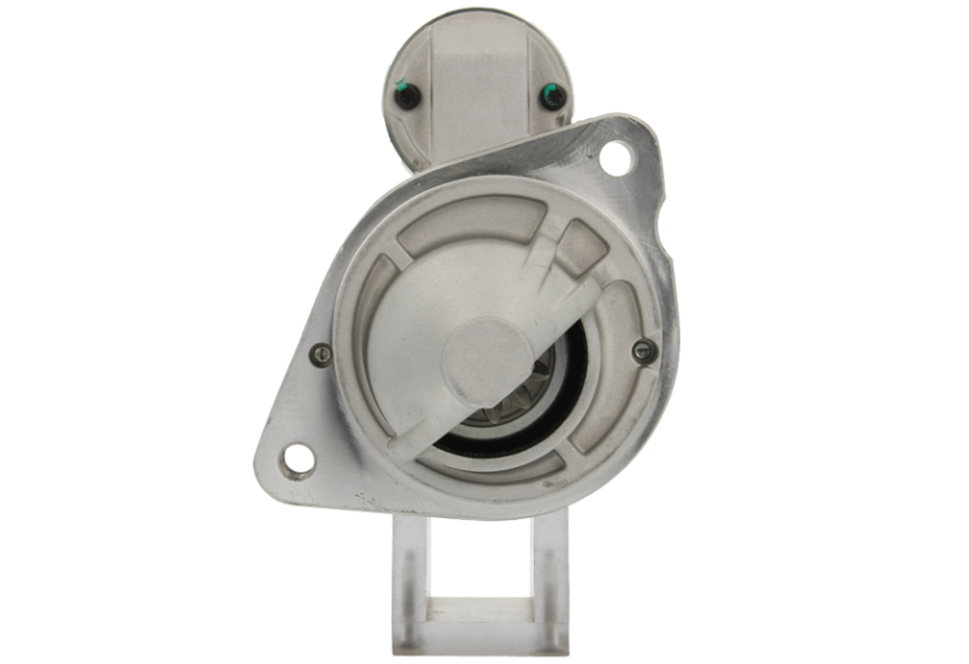 front view of A new 12v starter motor for multiple Ford vehicles with a power of 1.2KW and 11 teeth, with a metallic body and a black and silver color scheme.