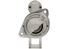 front view of A new 12v starter motor for multiple Ford vehicles with a power of 1.2KW and 11 teeth, with a metallic body and a black and silver color scheme.