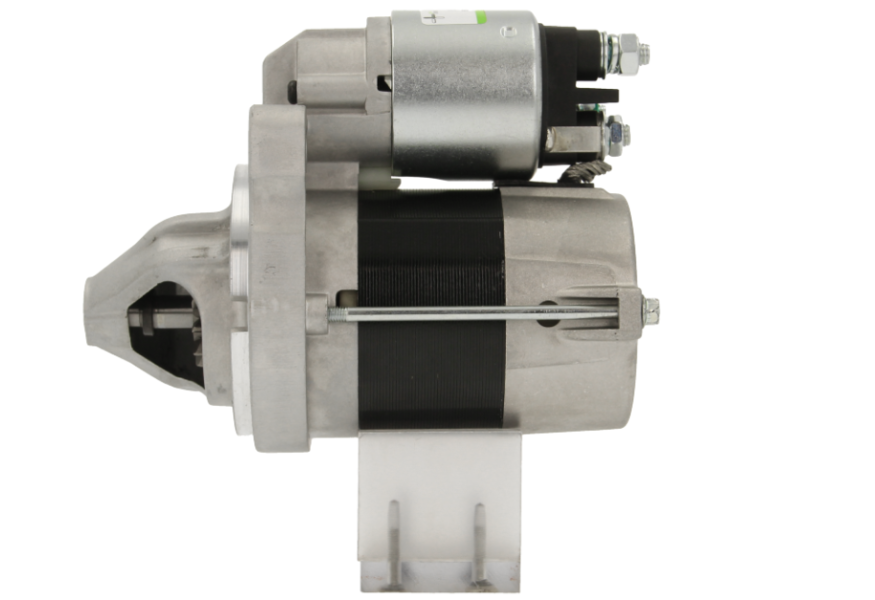 side view of A new 12v starter motor for multiple Ford vehicles with a power of 1.2KW and 11 teeth, with a metallic body and a black and silver color scheme.