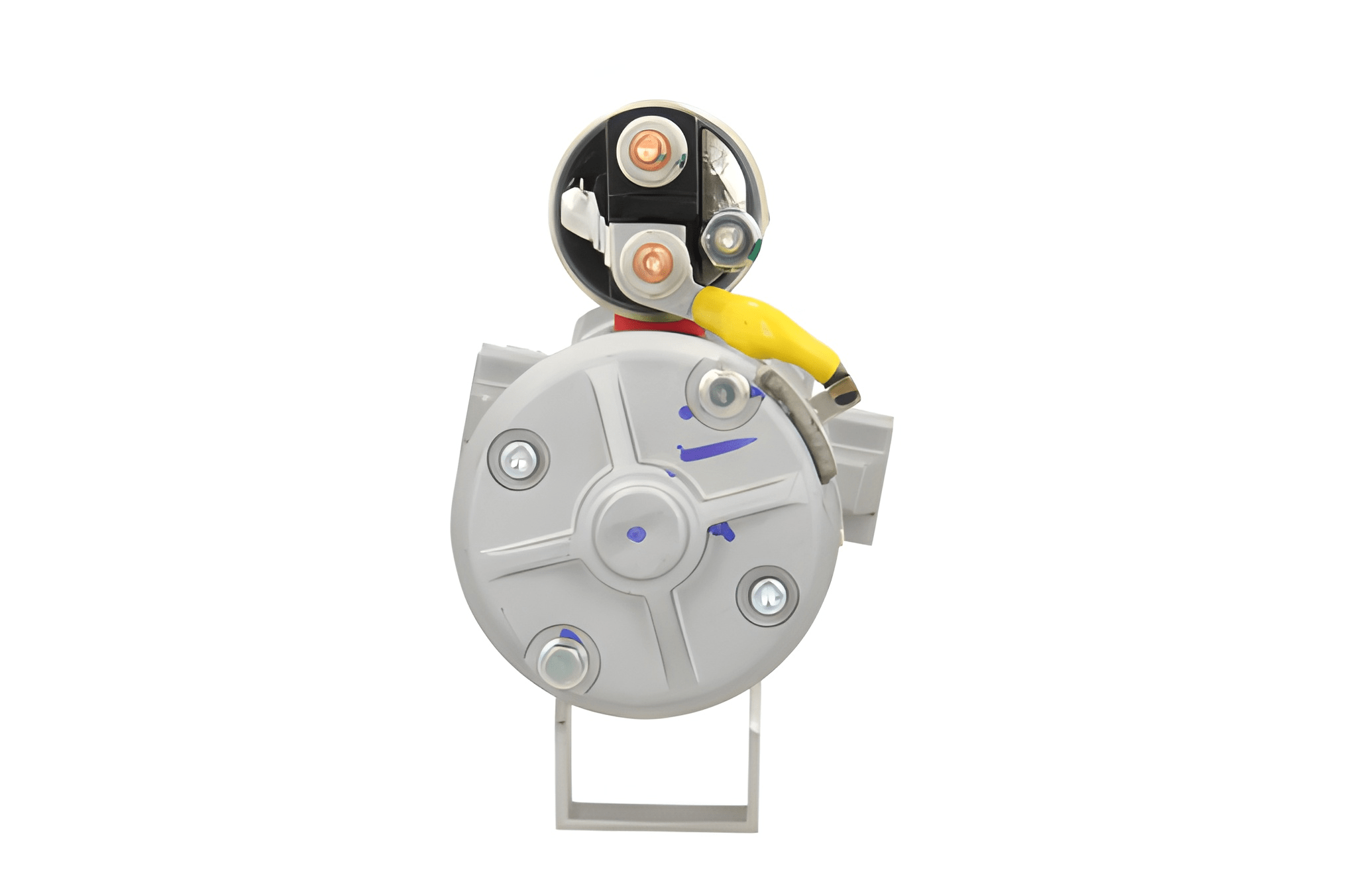 rear view of A new 12V aftermarket 2.2KW starter for Ford vehicles, featuring a metallic and plastic construction with a silver and gray color scheme.
