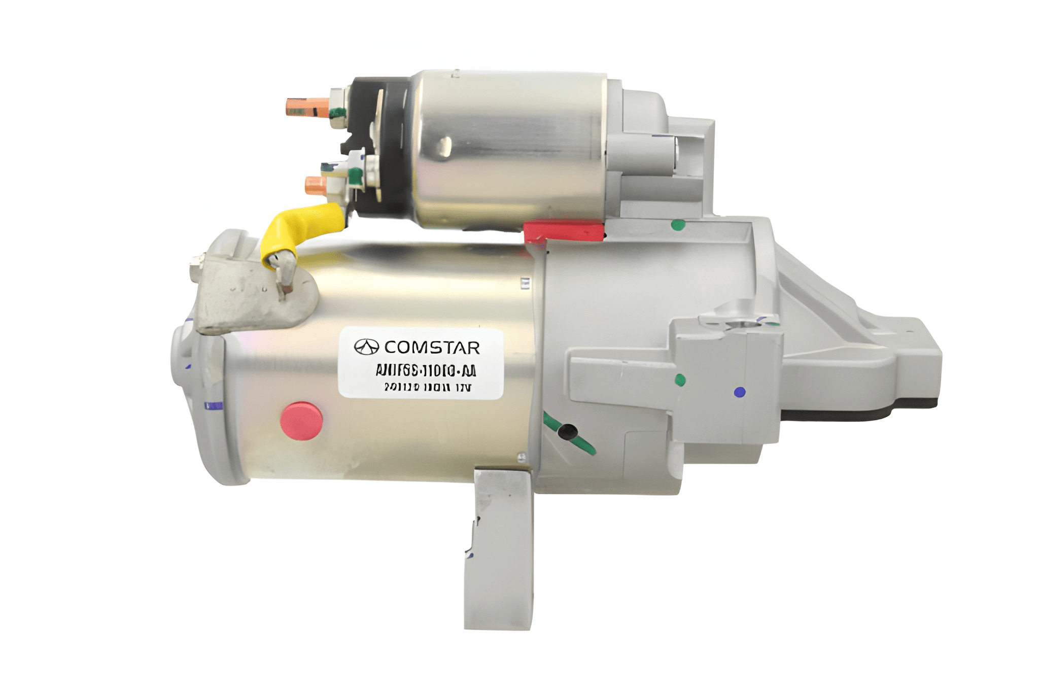side view of A new 12V aftermarket 2.2KW starter for Ford vehicles, featuring a metallic and plastic construction with a silver and gray color scheme.