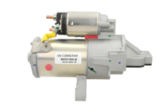 side view of A new 12V aftermarket 2.2KW starter for Ford vehicles, featuring a metallic and plastic construction with a silver and gray color scheme.