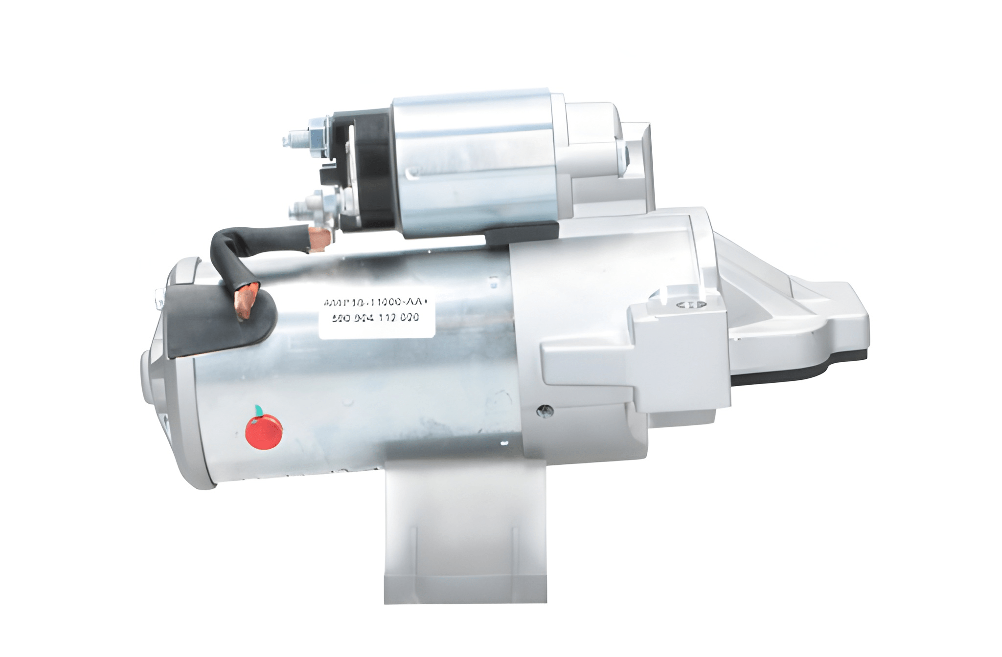side view of A new 12V starter motor for Ford vehicles, 2.2KW with 11 teeth displaying metallic surfaces and a robust design.