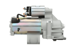 side view of A new 12V starter motor 2.2KW for Ford and jaguar vehicles, showcasing its metal body and electrical connectors.