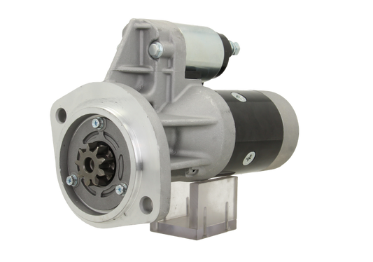 A new 12V Nissan 2.0 kw starter, showing a metal body with wiring and a mounting flange. with 9 teeth