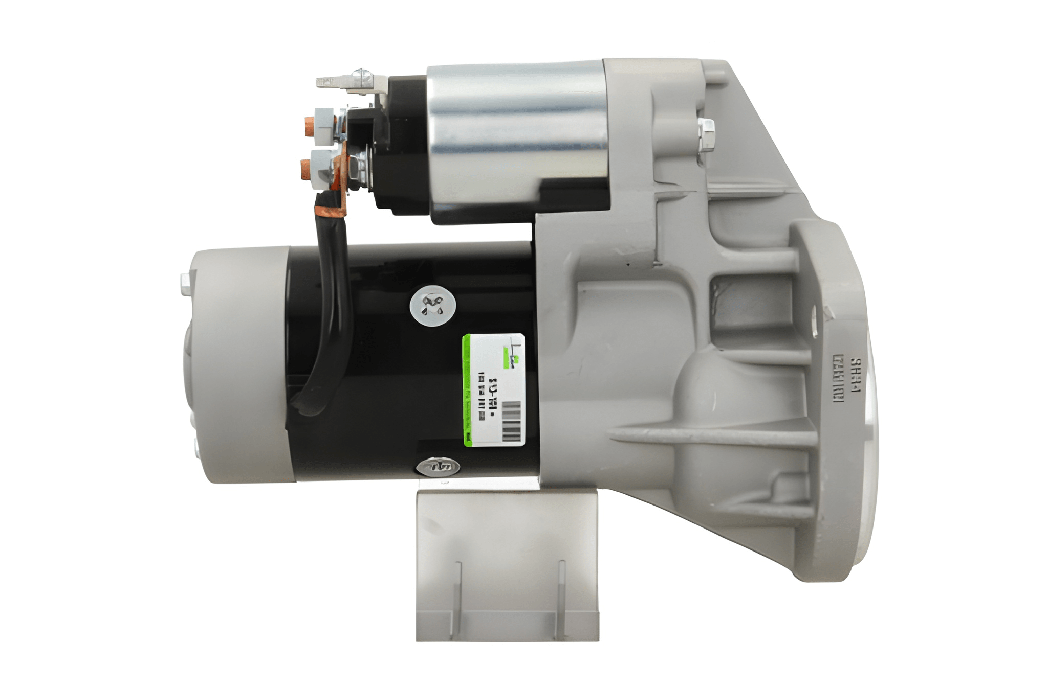 side view of A new 12V Nissan 2.0 kw starter, showing a metal body with wiring and a mounting flange. with 9 teeth