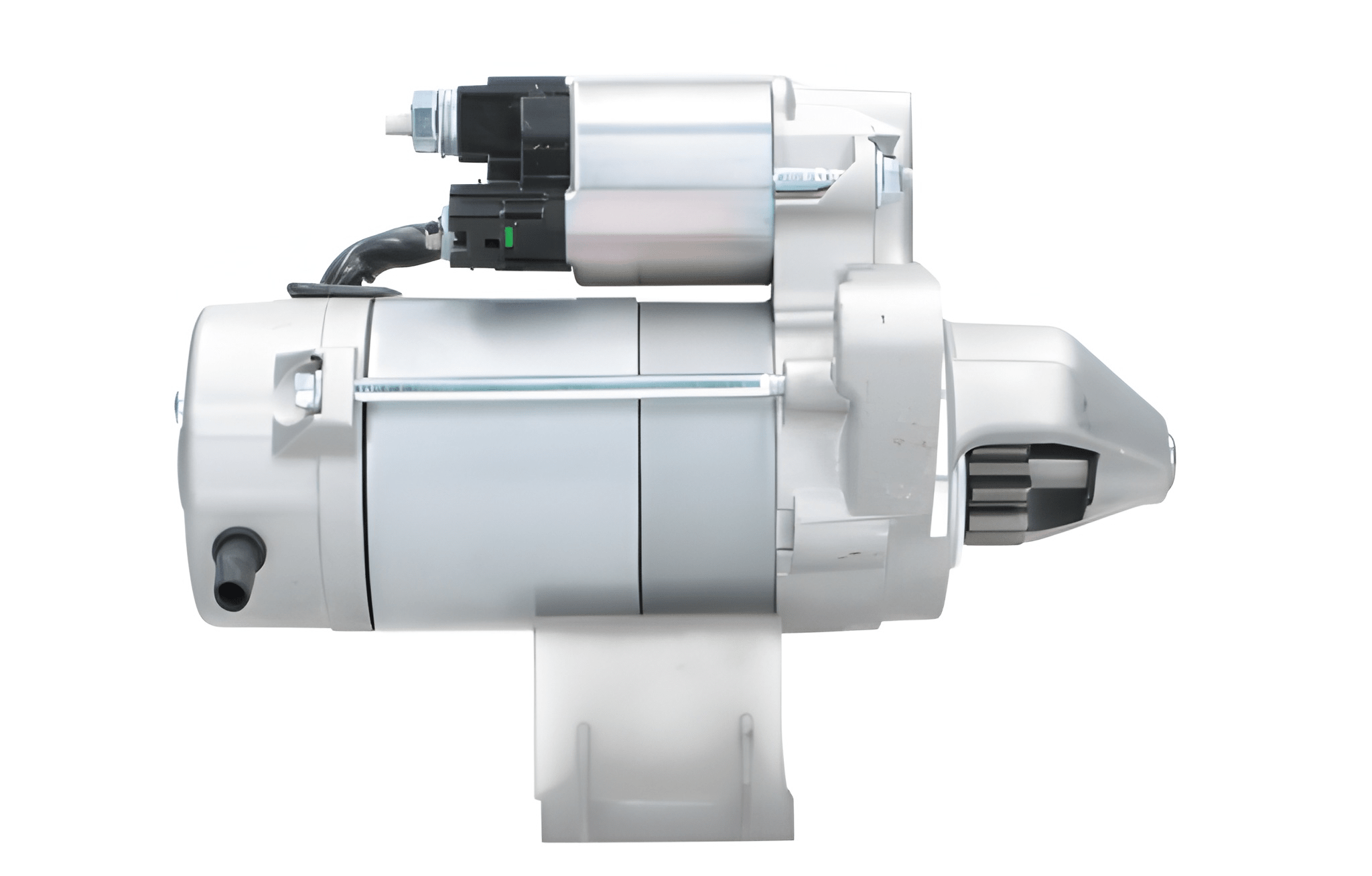 side view of A new 12V Toyota 2.0 kw starter motor with 11 teeth built for vairous toyota models, displayed against a plain background