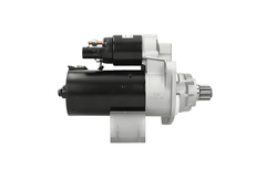 side view of A new 12V starter motor 2.2KW for Volkswagen vehicles, 10teeth, displaying the front left side with a visible gear and electrical connectors.
