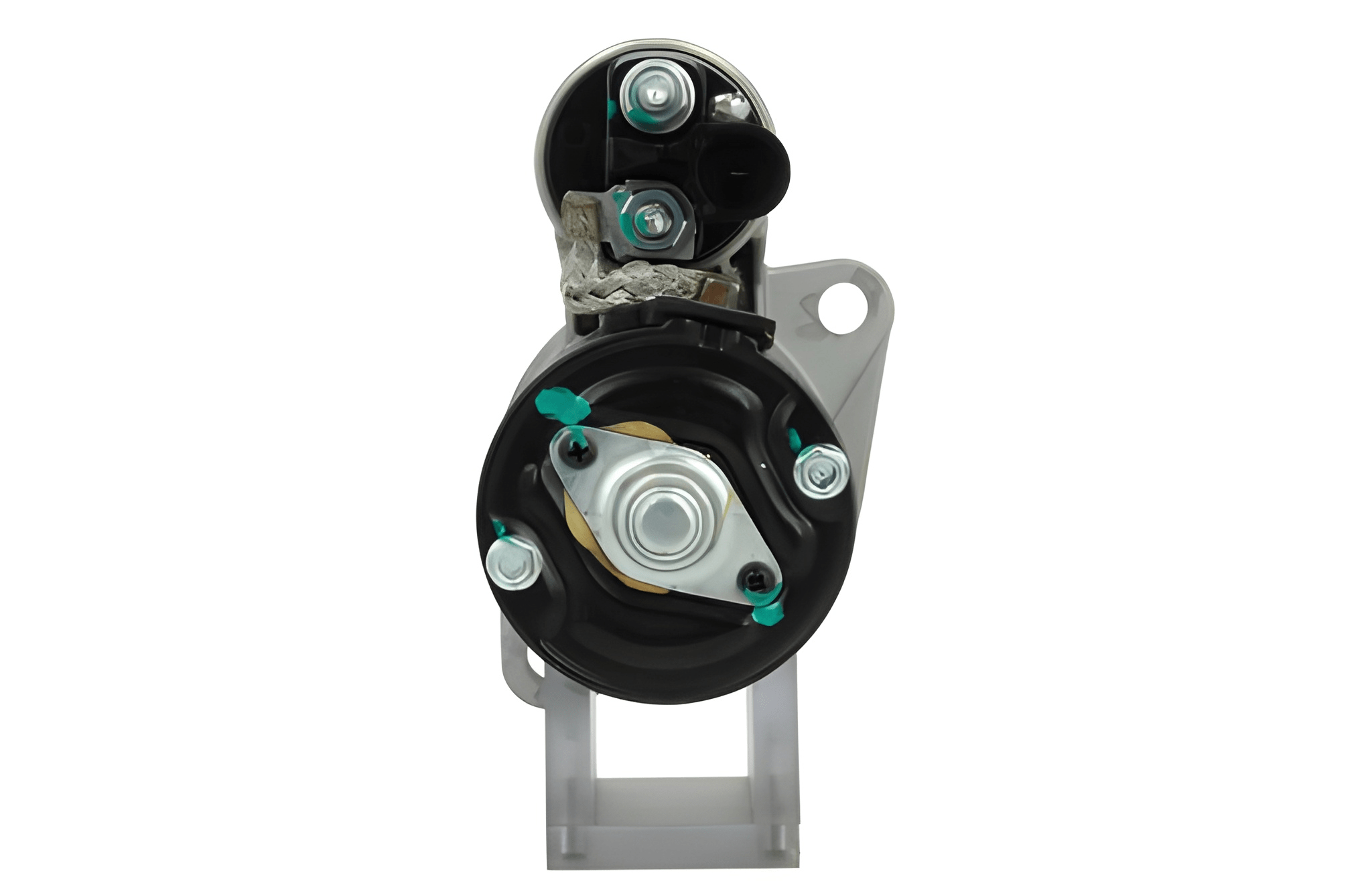 back view of A new 12v starter motor 2.2KW for Volkswagen vehicles with 13 teeth, displaying the exterior metal housing and electrical connectors.