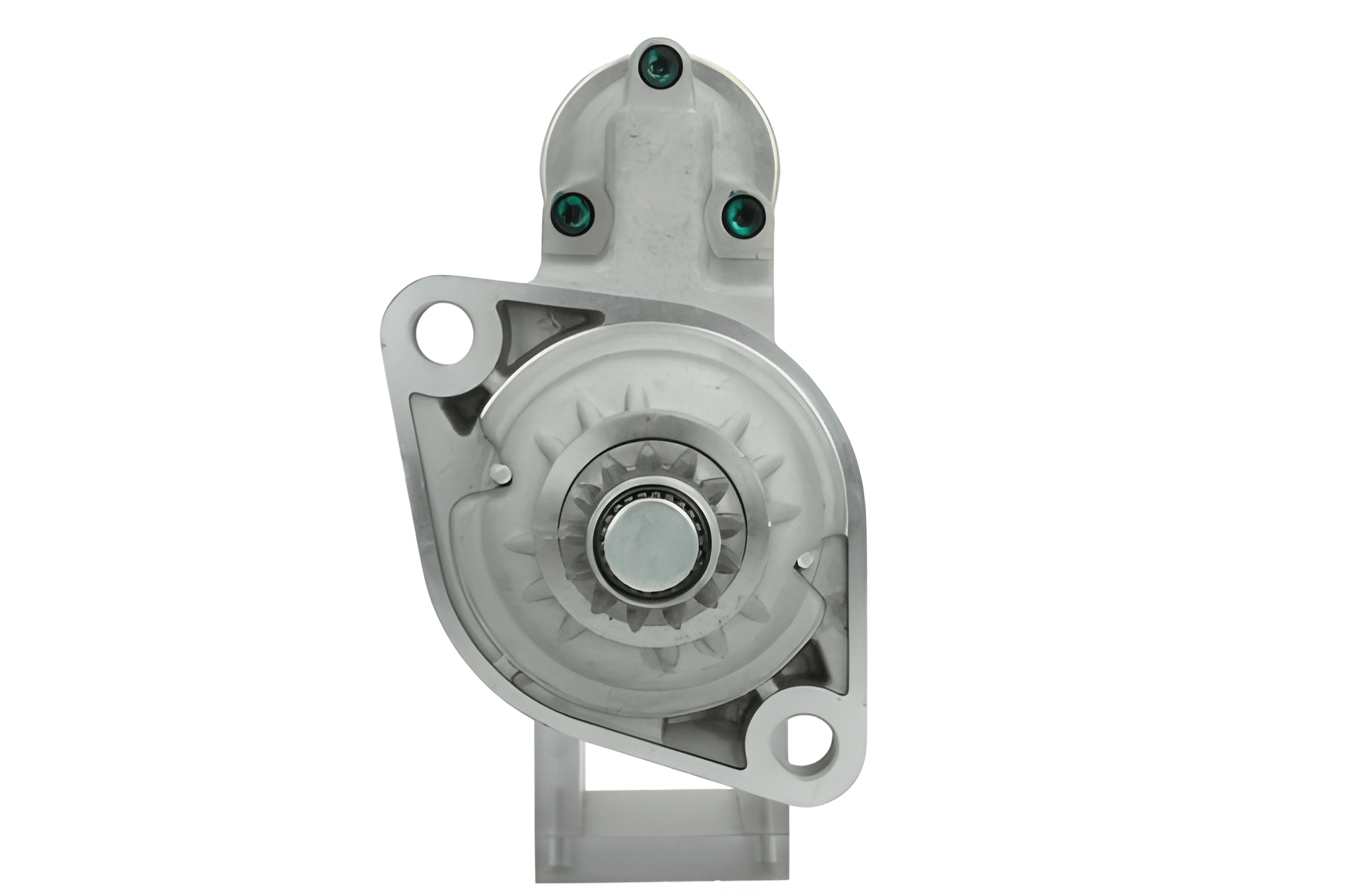 front view of A new 12v starter motor 2.2KW for Volkswagen vehicles with 13 teeth, displaying the exterior metal housing and electrical connectors.