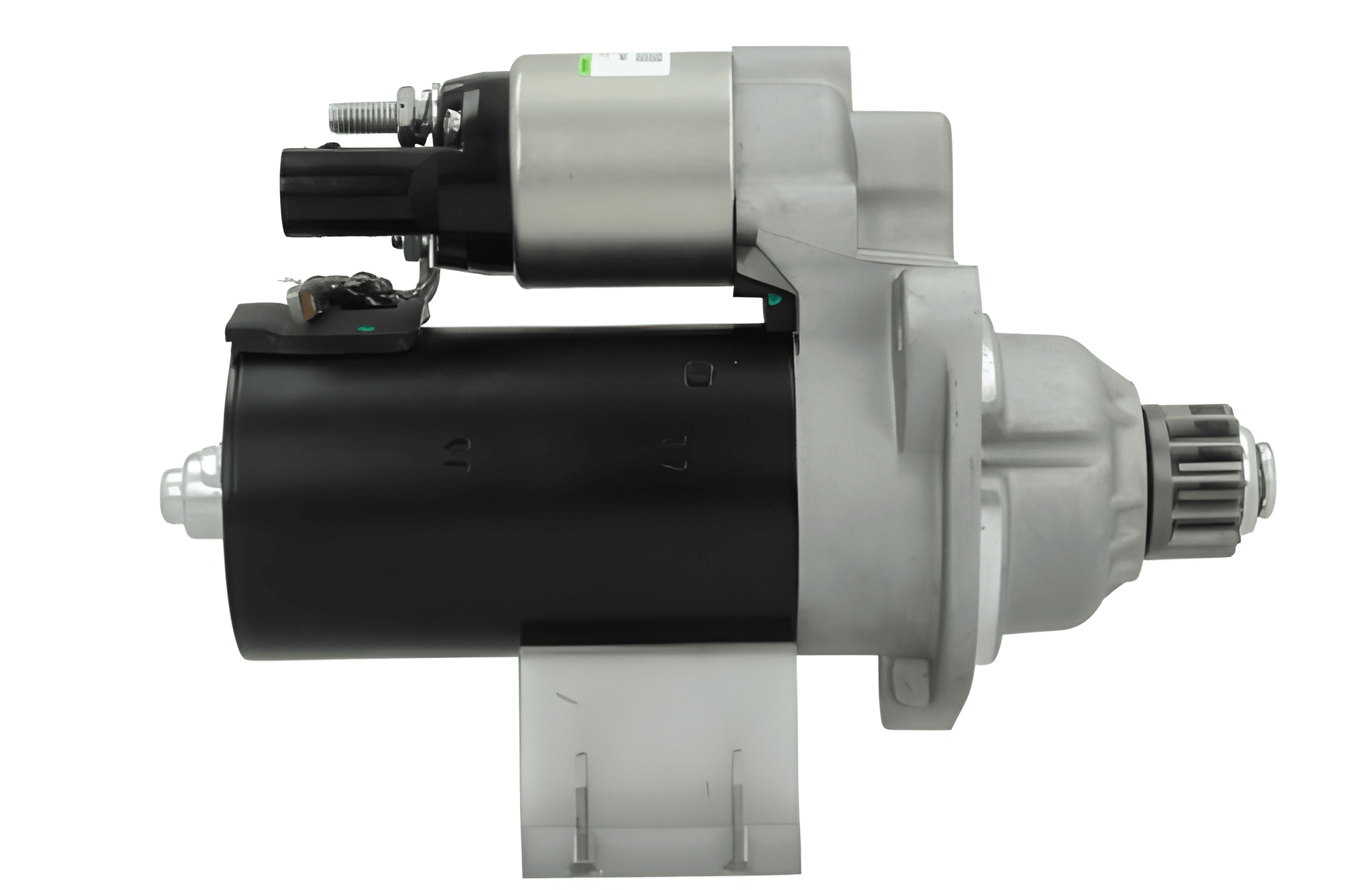 side view of A new 12v starter motor 2.2KW for Volkswagen vehicles with 13 teeth, displaying the exterior metal housing and electrical connectors.