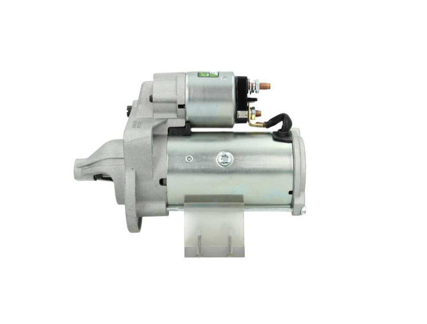 side view of A new 12v starter motor for Volvo trucks with a power of 2.3kw and 11 teeth, showing a metallic body with electrical connectors and mounting holes.