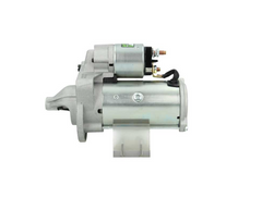 side view of A new 12v starter motor for Volvo trucks with a power of 2.3kw and 11 teeth, showing a metallic body with electrical connectors and mounting holes.