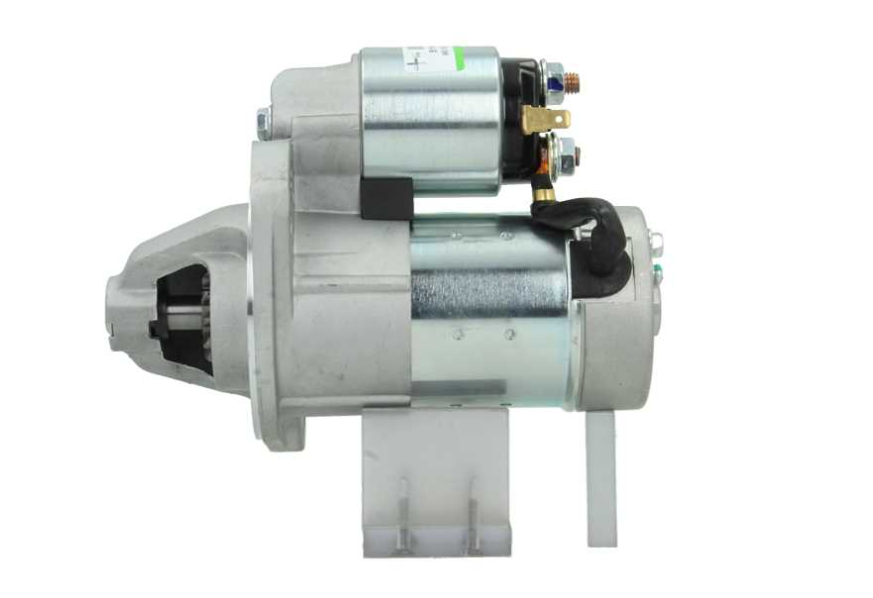 side view of A new 12V Yanmar starter motor with 11 teeth and 1.4 kw power, showing the front left side with the voltage and power specifications visible.