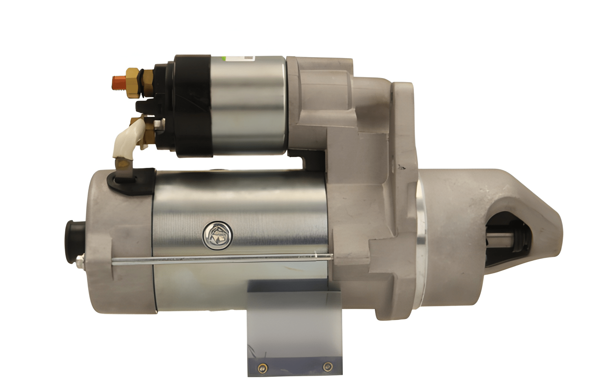 side view of A gray 24V starter motor for a daf trucks, 4.3KW, with visible mounting points and electrical connectors.