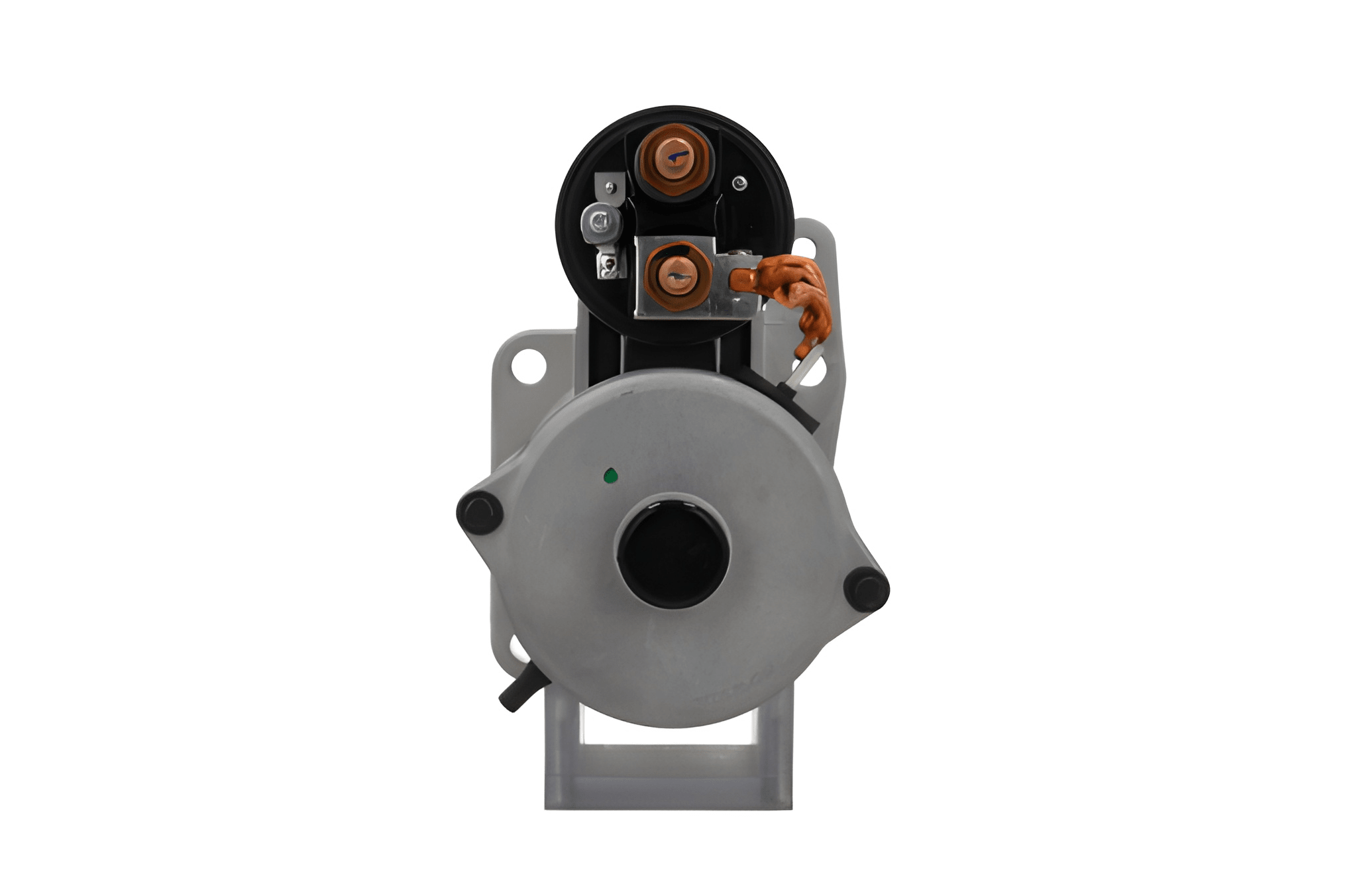 back side view of A gray 24V starter motor for leyland and daf trucks, 10 teeth, 4.3KW with visible mounting points and electrical connectors.