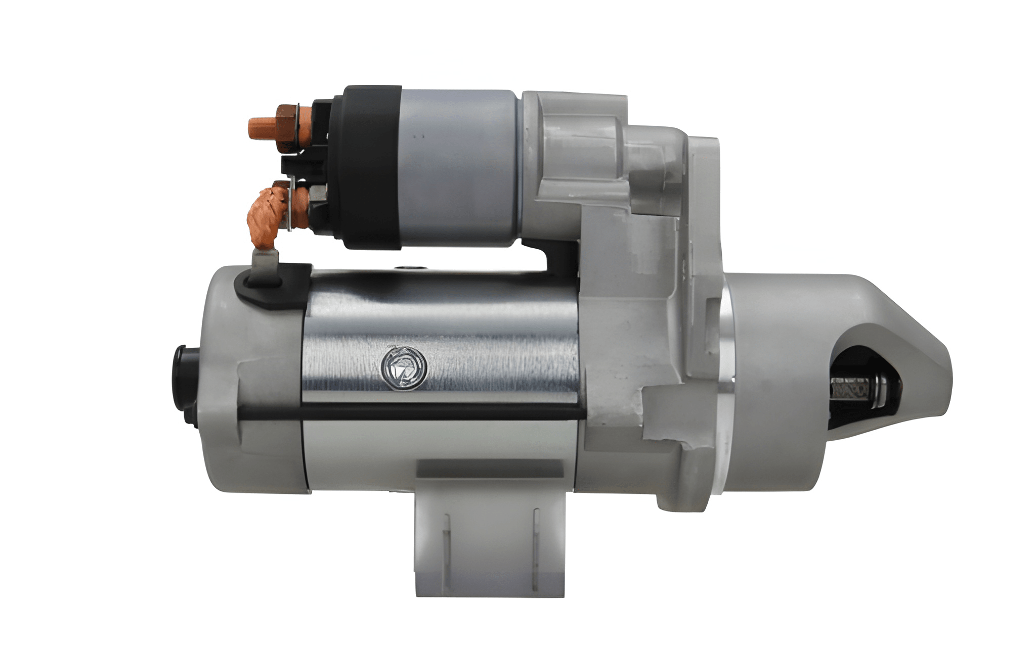 side view of A gray 24V starter motor for leyland and daf trucks, 10 teeth, 4.3KW with visible mounting points and electrical connectors.