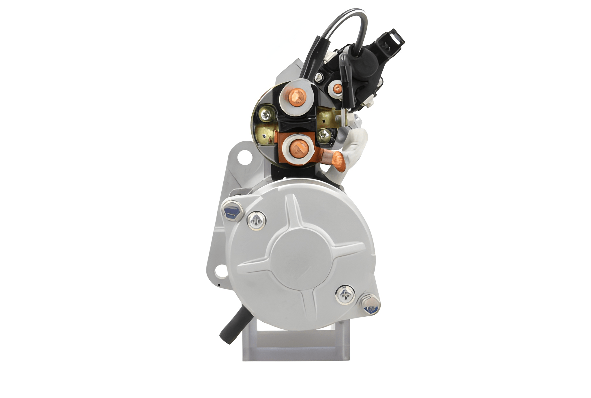 back view of A new 24V starter motor for 5KW Volvo and renault trucks, showing the front left side with a silver and black color scheme.