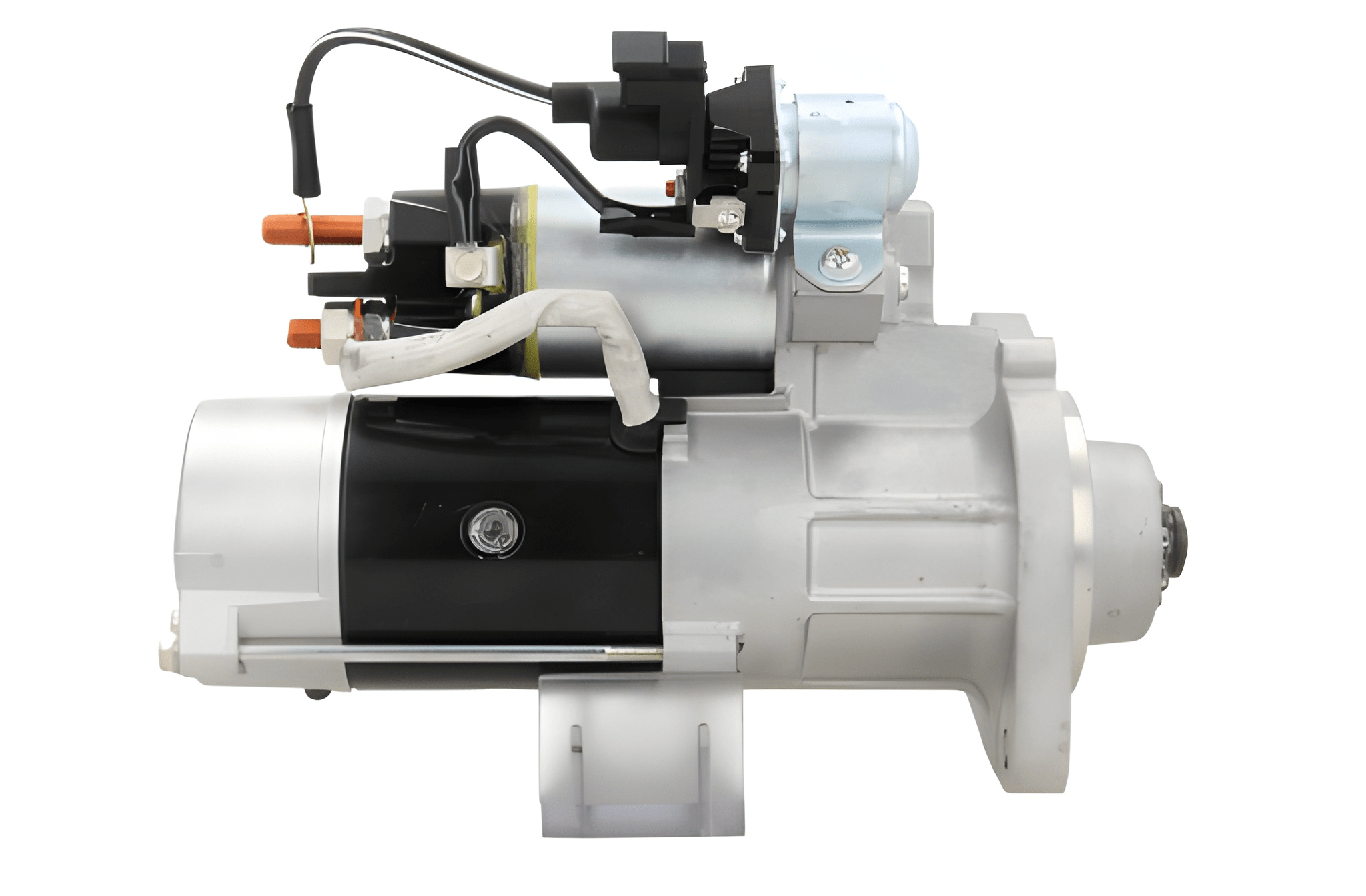side view of A new 24V starter motor for 5KW Volvo and renault trucks, showing the front left side with a silver and black color scheme.