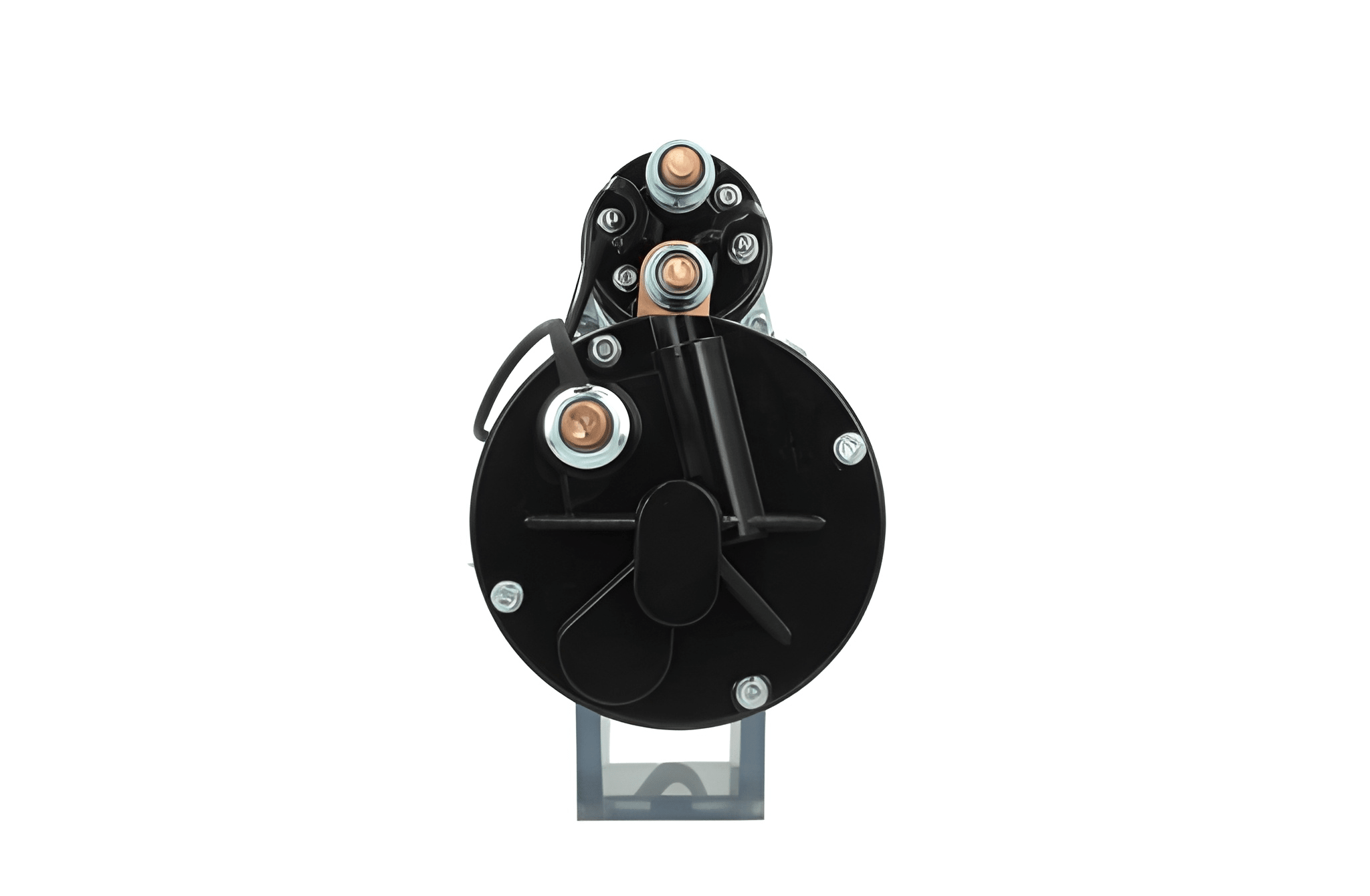 back view of A 24V black starter motor with 8.0KW power rating and 11 teeth, built for various vehicles, featuring various electrical connections and a metallic body.