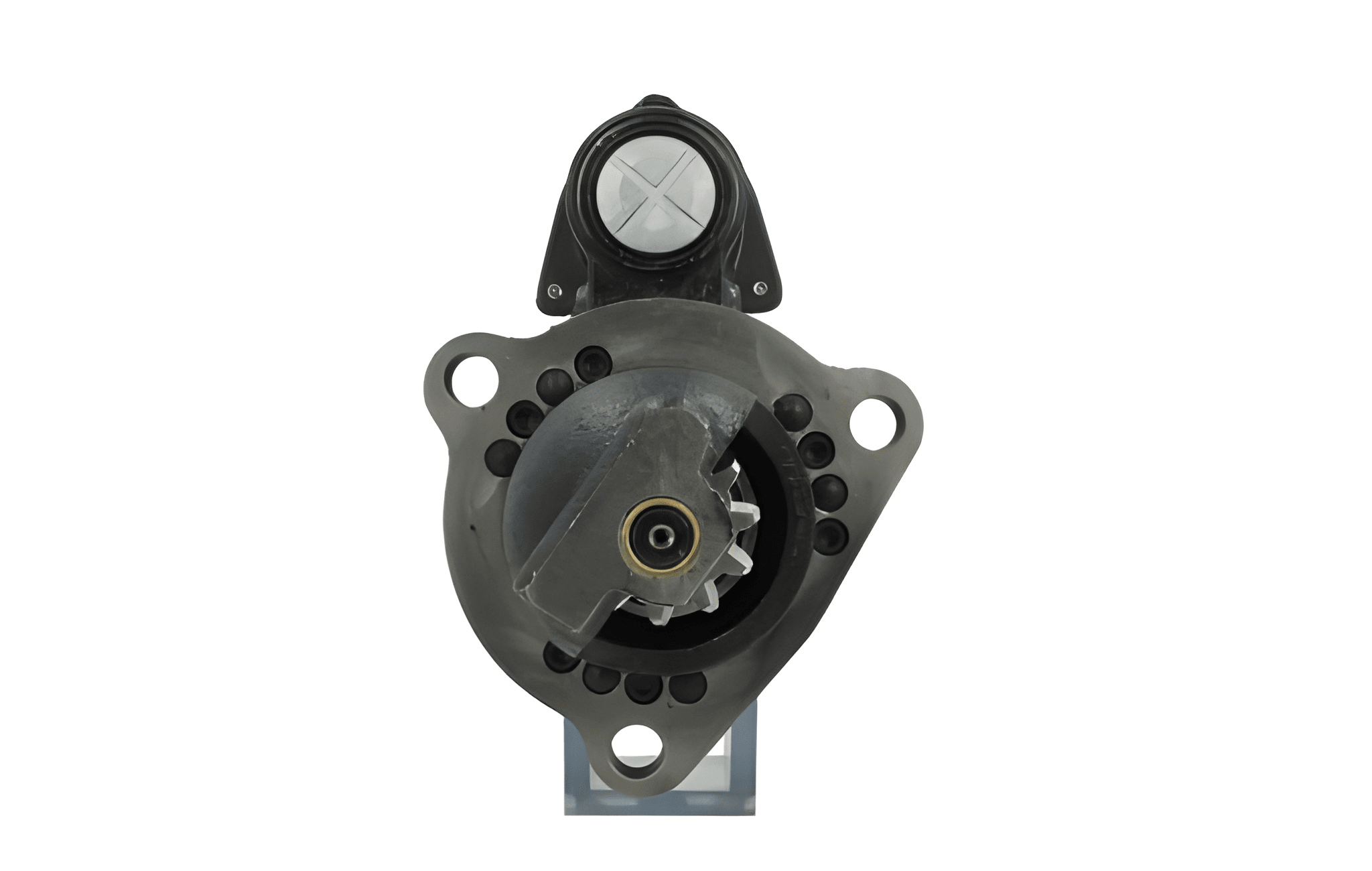 front view of A 24V black starter motor with 8.0KW power rating and 11 teeth, built for various vehicles, featuring various electrical connections and a metallic body.