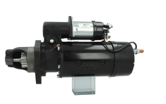 side view of A 24V black starter motor with 8.0KW power rating and 11 teeth, built for various vehicles, featuring various electrical connections and a metallic body.