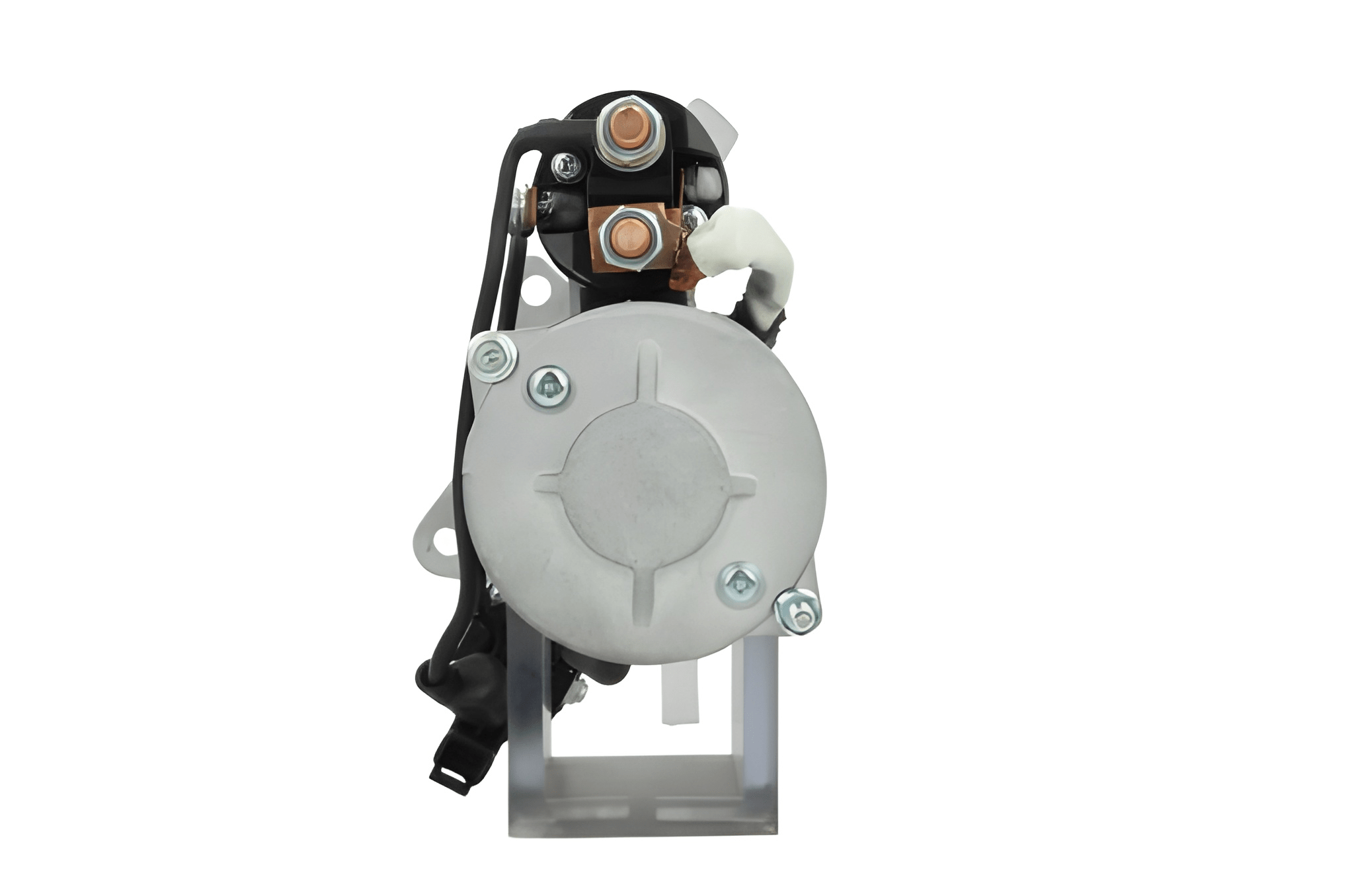 back view of A new 24V starter motor for Volvo and renault trucks, 5.5KW, 12 teeth with a metallic body and electrical connectors.