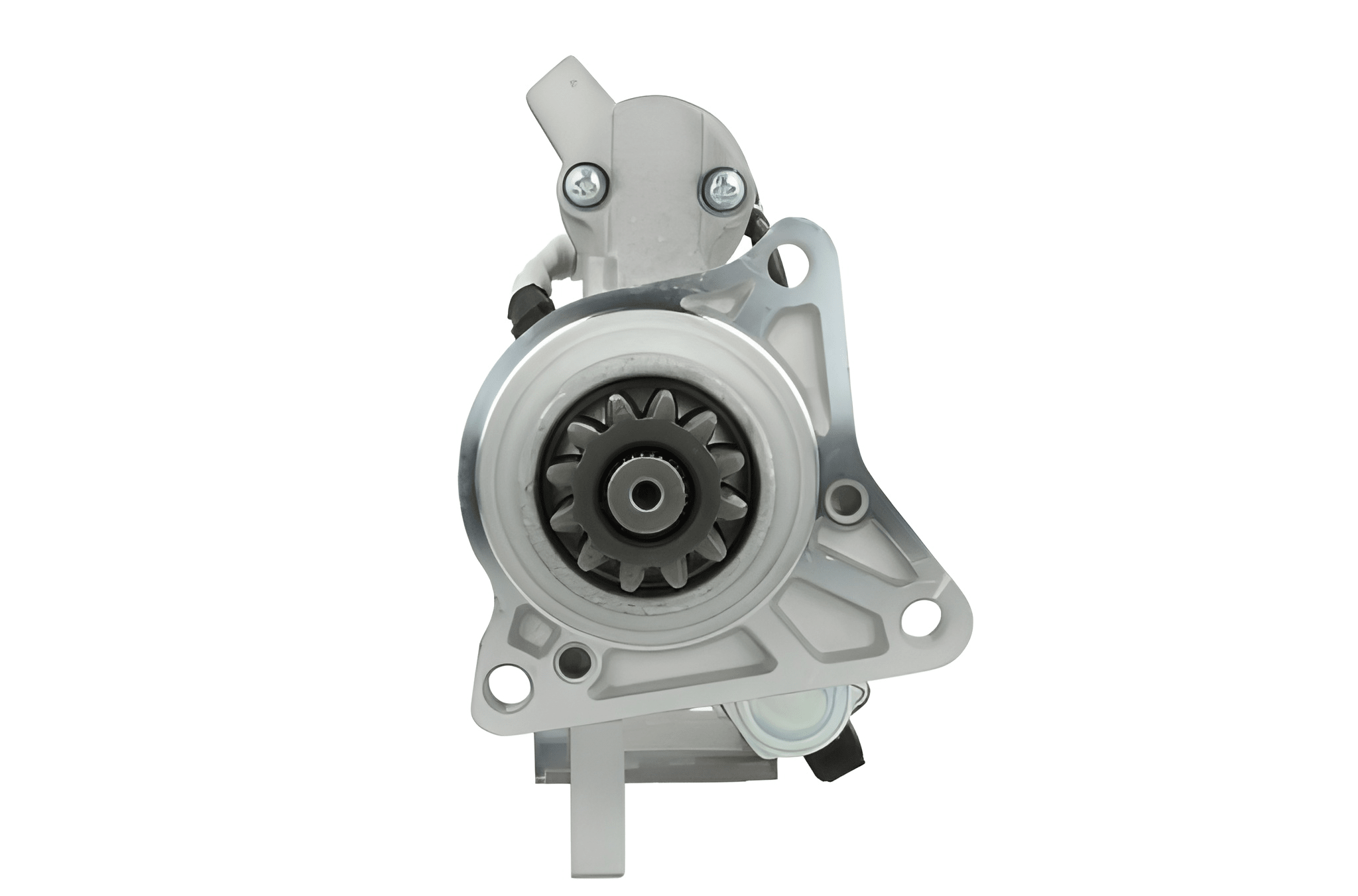 front view of A new 24V starter motor for Volvo and renault trucks, 5.5KW, 12 teeth with a metallic body and electrical connectors.