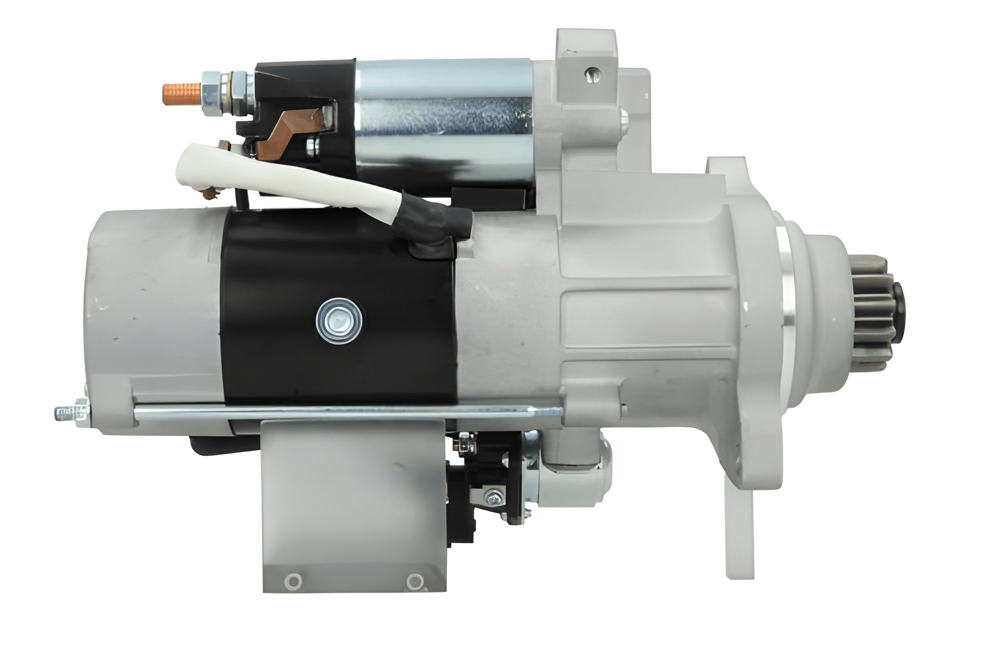 side view of A new 24V starter motor for Volvo and renault trucks, 5.5KW, 12 teeth with a metallic body and electrical connectors.
