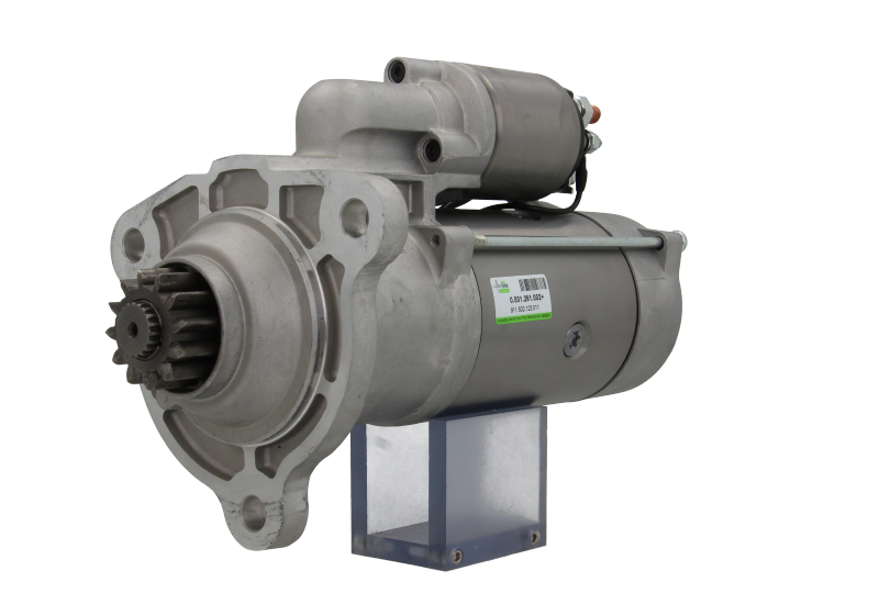 A new 24V starter motor 5.5KW for Scania trucks, 12 teeth showing the complete unit with wiring and mechanical parts.