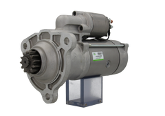 A new 24V starter motor 5.5KW for Scania trucks, 12 teeth showing the complete unit with wiring and mechanical parts.