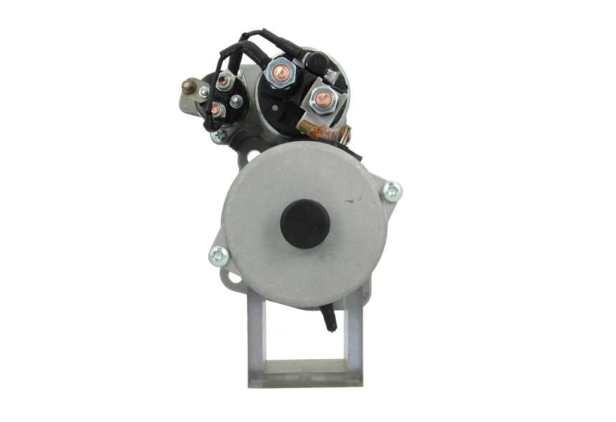 4KW rear view of a silver 24v starter motor with 9 teeth for Mercedes trucks and busses, displaying various components including the body and electrical connectors.