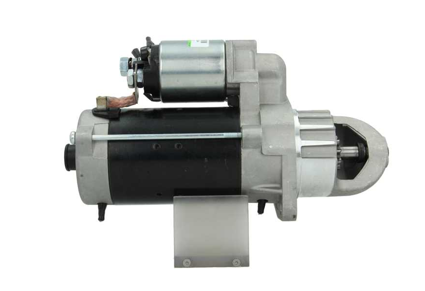 4KW side view of a silver 24v starter motor with 9 teeth for Mercedes trucks and busses, displaying various components including the body and electrical connectors.